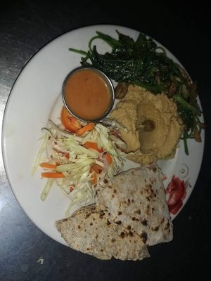 Vegan touch with nice hummus and buckwheat chapati at Rest Point Cafe in Pokhara