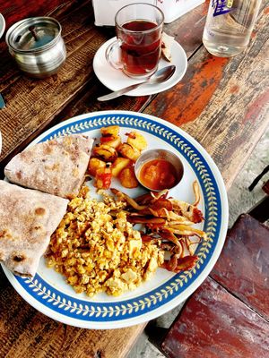 Vegan morning with scrambled tofu (sub salad for wild mushrooms)   at Rest Point Cafe in Pokhara