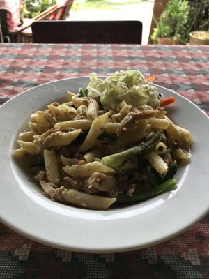 Vegan pasta 2 (tofu, spinach, mushrooms, garlic, olive oil). Even better with a squeeze of lemon. at Rest Point Cafe in Pokhara