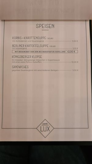 Speisekarte at Cafe Lux in Berlin