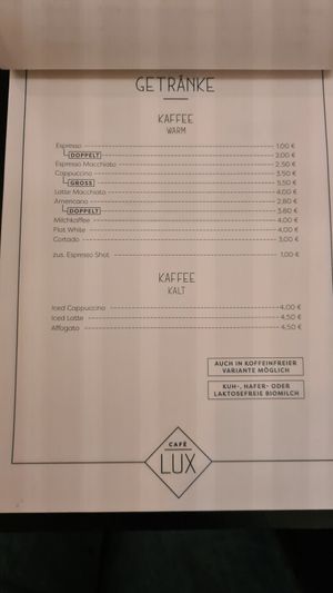 Speisekarte at Cafe Lux in Berlin