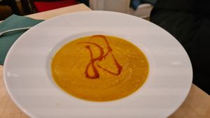 Kürbis-Karotten Suppe at Cafe Lux in Berlin