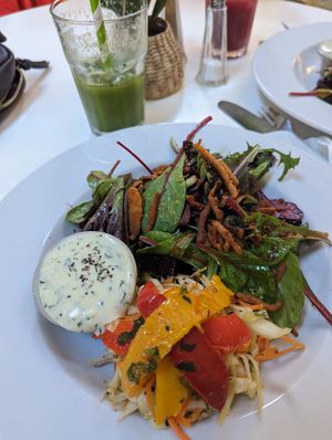 Vegan gyros salad with vegan tzatziki at LUCKES in Chichester