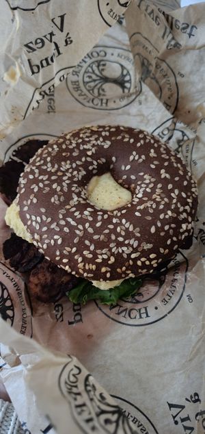 Just egg and tempeh bacon bagel at Copper Branch in Markham