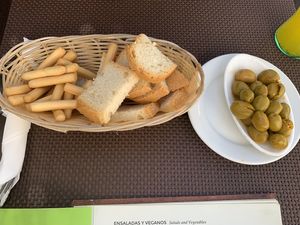 Bread and olives  at Gloria Bendita in Malaga