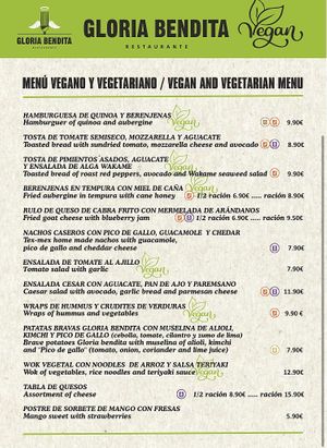 The vegan menu at Gloria Bendita in Malaga