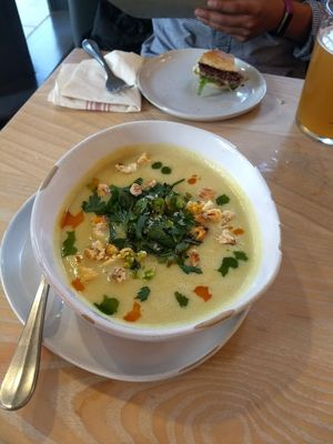 Vegan corn chowder - seasonal at Wursthall in San Mateo