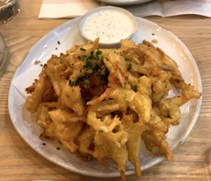 fried saurkraut appetizer (non vegan sauce) super good with the assorted sauces they offer on the side at Wursthall in San Mateo