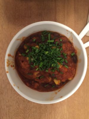 It's not the most photogenic side of chili, but the Smoky Red Chili is delicious. at Papas Hot Potatoes in Seattle