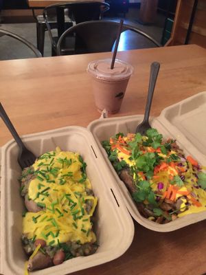 Custom sweet potatoes with banana chocolate smoothie  at Papas Hot Potatoes in Seattle