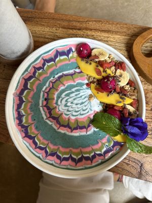 Blue smoothie bowl (warm but good)   at Mudra in Ubud