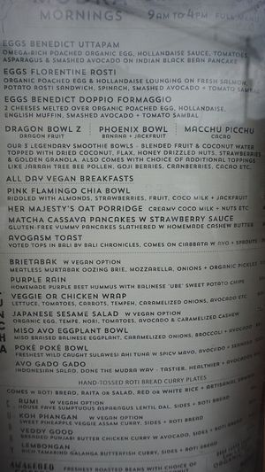 Breakfast menu at Mudra in Ubud