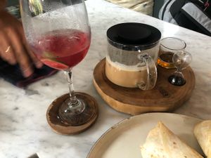 Iced roselle and lime 🌺with a dirty chai made from whole spices🖤 at Mudra in Ubud