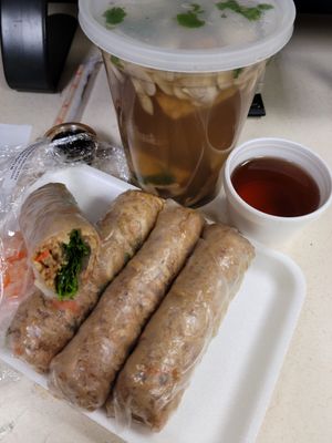 Spring rolls and 'beef' Pho at Veggie Life Restaurant in South El Monte