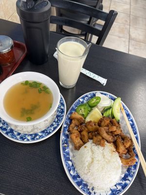 Lemongrass chicken and warm soy milk  at Veggie Life Restaurant in South El Monte