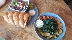shnitzel sandwich and buddha bowl at Shakti in Beer Sheva