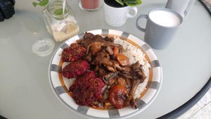 Beet patties with stir fried mushrooms on a basmati rice bed at Shakti in Beer Sheva