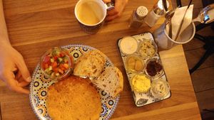 Lentil omelette with their homemade spreads at Shakti in Beer Sheva