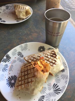 Vegan breakfast burritos and kombucha  at People's Cafe in Berkeley