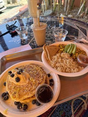 Vegan Blueberry Lemon Pancakes & Tofu Scramble  at Nature's Health Food and Cafe in Palm Springs
