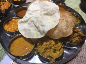 South Indian thali (from vegan menu) - with poori at Woodlands (Tsim Sha Tsui) in Kowloon