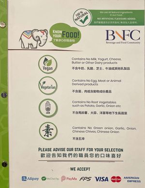 Menu page defining labeling icons  at Woodlands (Tsim Sha Tsui) in Kowloon