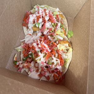 fish tacos! came with friess  at Modern Times Far West Lounge in Encinitas