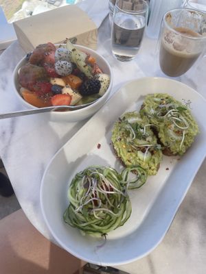 Avo toast and fruit salad  at Galini Cafe in Santorini