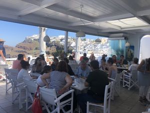 View of the island and ocean  at Galini Cafe in Santorini