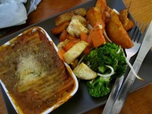 Vegan lasagna with three sides, from a visit in 2012. The recipe has since changed, but it's still tasty. at InSpiral Lounge in North West London