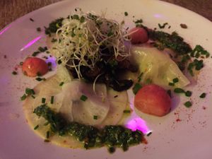 parsnip ravioli with nettle pesto and cashew cheese at InSpiral Lounge in North West London
