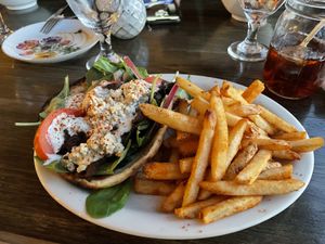 Mushroom gyro with cajun fries  at Arles and Boggs  in Wallingford