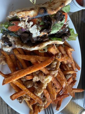 Mushroom Gyro with maple walnut topped  sweet potato fries  at Arles and Boggs  in Wallingford
