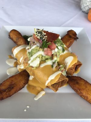 Loaded taquitos. I will be dreaming of these for a while. Filled with jackfruit, dollop of guac on top and plantains on the side. 🤤 at Arles and Boggs  in Wallingford
