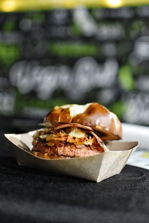 Bacon Burger with Grilled Onions at Veg'n out in San Diego
