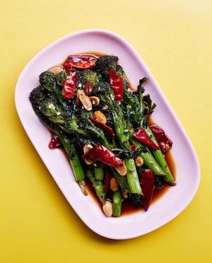 Broccoli and dried chillies with peanuts very perfectly flavoured. at Mao Chow in East London