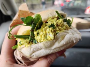 Great tofu 'egg' and cress sandwich to take away, with a coffee at The Greenhouse in Horsforth