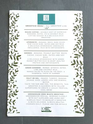 Smoothie menu at The Greenhouse in Horsforth