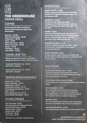 Drinks menu at The Greenhouse in Horsforth