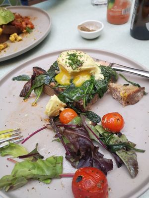 The 'yolk' in the 'egg' benedict was a delightful surprise. Really great texture and taste. at Sacred Grounds in Exeter