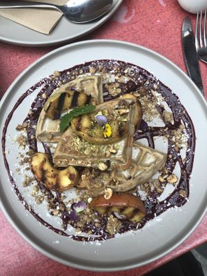 Peach waffle!  at Sacred Grounds in Exeter