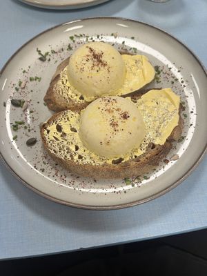 Poached egg on toast.  Vegan!  at Sacred Grounds in Exeter