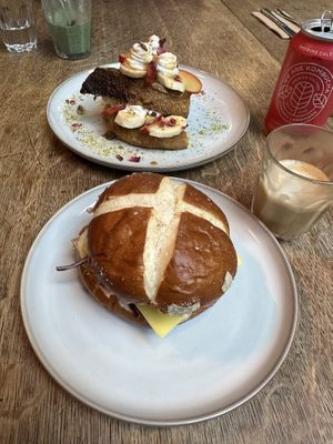 Banana french toast at the back and Reuben to the fore  at Sacred Grounds in Exeter