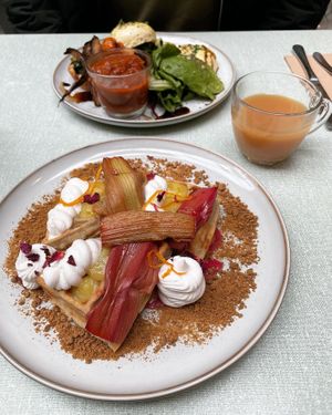 Rhubarb pancakes, earl grey tea with oat milk, and the Big Ben brunch   at Sacred Grounds in Exeter
