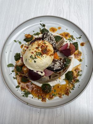Savoury waffles with poached egg  at Sacred Grounds in Exeter