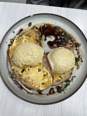 Poached eggs on toastt  at Sacred Grounds in Exeter