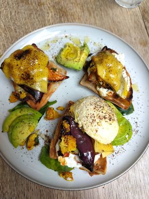 Breakfast on gf waffles with vegan egg at Sacred Grounds in Exeter