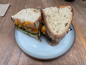 Breakfast sandwich at Sacred Grounds in Exeter