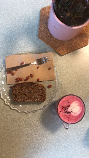 Banana bread and beet latte at Sacred Grounds in Exeter
