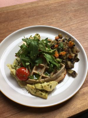 Savory waffles🤤 at Sacred Grounds in Exeter